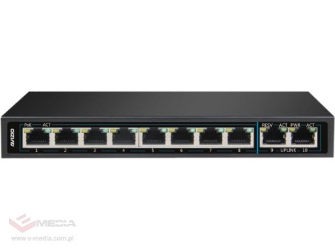 Niezarządzalny przełącznik (switch) 8 portów RJ45 PoE 100Mb/s + 2 porty RJ45 Uplink 1Gb/s (budżet mocy 96W) AVIZIO