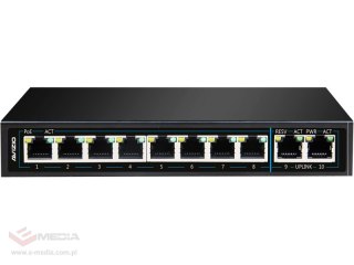 Niezarządzalny przełącznik (switch) 8 portów RJ45 PoE 1Gb/s + 2 porty RJ45 Uplink 1Gb/s (budżet mocy 96W) AVIZIO