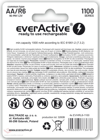 Akumulatorki AA / R6 everActive Ni-MH 1100 mAh ready to use - 4 sztuki