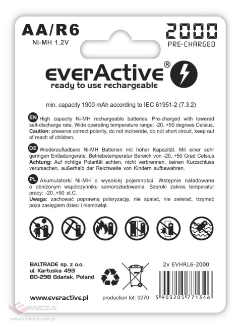 Akumulatorki AA / R6 everActive Ni-MH 2000 mAh ready to use - 2 sztuki