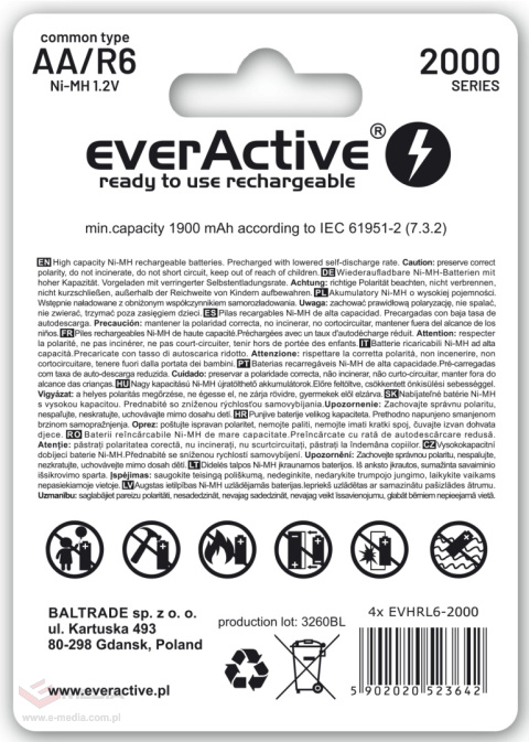 Akumulatorki AA / R6 everActive Ni-MH 2000 mAh ready to use - 4 sztuki