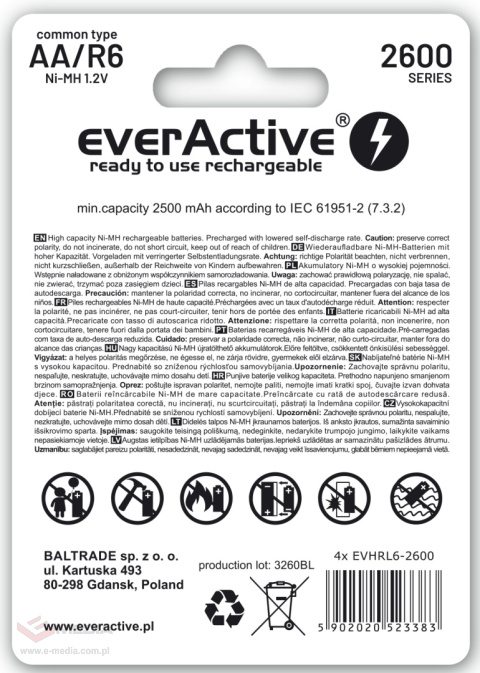 Akumulatorki AA / R6 everActive Ni-MH 2600 mAh ready to use - 4 sztuki