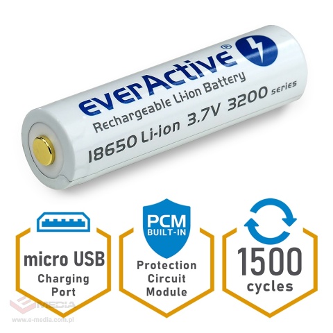 Akumulator everActive 18650 3,7V Li-ion 3200mAh micro USB z zabezpieczeniem BOX