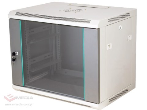 Szafka rack wisząca 19" 12U 600x450, niedzielona, drzwi szklane jednoskrzydłowe, tył osłona pełna, osłony boczne zamykane na klu