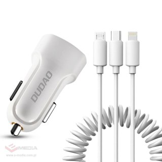 Dudao zestaw samochodowa ładowarka 2x USB 2.4A + kabel przewód USB 3w1 Lightning / Typ C / micro USB biały (R7 white)