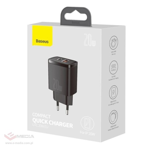 Baseus Compact szybka ładowarka sieciowa USB / USB Typ C 20W 3A Power Delivery Quick Charge 3.0 czarny (CCXJ-B01)