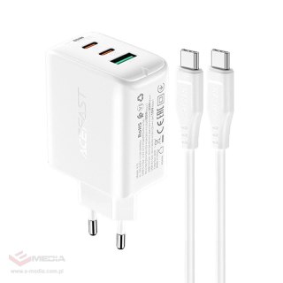 Acefast 2w1 ładowarka sieciowa 2x USB-C / USB-A 65W, PD, QC 3.0, AFC, FCP (zestaw z kablem USB-C 1.2m) biały (A13 white)