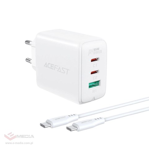 Acefast 2w1 ładowarka sieciowa 2x USB-C / USB-A 65W, PD, QC 3.0, AFC, FCP (zestaw z kablem USB-C 1.2m) biały (A13 white)