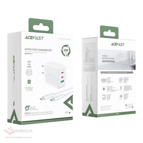 Acefast 2w1 ładowarka sieciowa 2x USB-C / USB-A 65W, PD, QC 3.0, AFC, FCP (zestaw z kablem USB-C 1.2m) biały (A13 white)