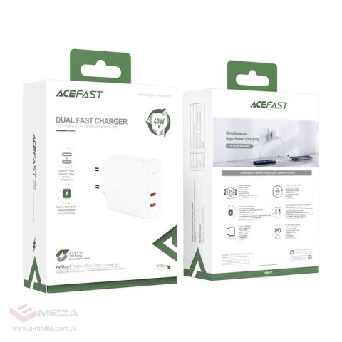 Acefast ładowarka sieciowa 2x USB Typ C 40W, PPS, PD, QC 3.0, AFC, FCP biały (A9 white)