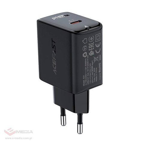 Acefast ładowarka sieciowa GaN USB Typ C 30W, PD, QC 3.0, AFC, FCP czarny (A21 black)