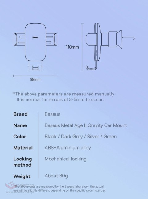 Baseus Metal Age II grawitacyjny uchwyt samochodowy na telefon na kratkę wentylacji ciemnoszary (SUJS000013)