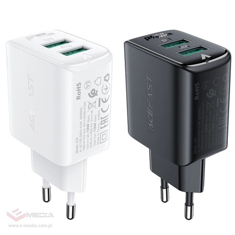 Acefast ładowarka sieciowa 2x USB 18W QC 3.0, AFC, FCP biały (A33 white)