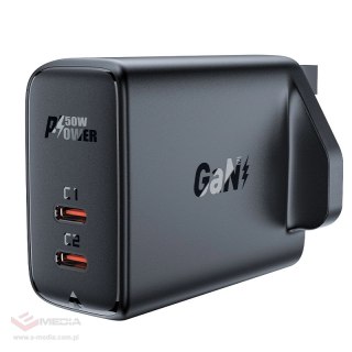 Acefast ładowarka sieciowa GaN (wtyczka UK) 2x USB Typ C 50W, Power Delivery, PPS, Q3 3.0, AFC, FCP czarny (A32 UK)