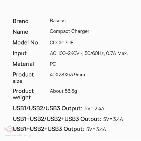 Baseus Compact ładowarka sieciowa 3x USB 17W biały (CCXJ020102)