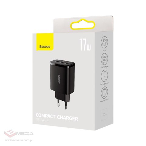 Baseus Compact ładowarka sieciowa 3x USB 17W czarny (CCXJ020101)