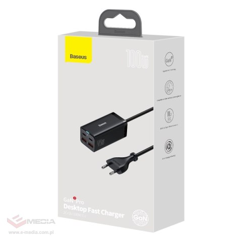 Baseus GaN3 Pro szybka uniwersalna ładowarka sieciowa GaN 2 x USB Typ C / 2x USB 100W PD3.0, QC4.0+, AFC czarny (CCGP000101)