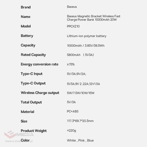 Baseus Magnetic Bracket powerbank z bezprzewodowym ładowaniem MagSafe 10000mAh 20W Overseas Edition biały (PPCX000202) + kabel U