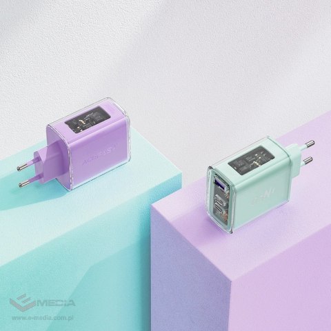 Acefast ładowarka GaN 65W 3 porty (1xUSB, 2xUSB C) fioletowa (A45)