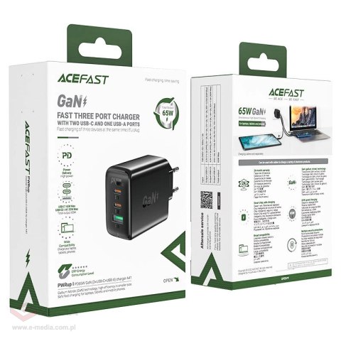 Acefast szybka ładowarka sieciowa GaN (2xUSB-C / USB-A) PPS / PD / QC4+ 65W czarna (A41)