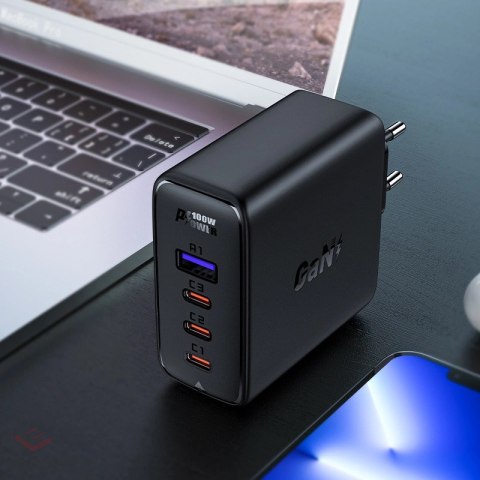 Acefast szybka ładowarka sieciowa GaN 3xUSB-C/1xUSB-A 100W czarna + kabel kątowy USB-C - USB-C 100W 2m czarny