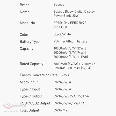 Baseus Bipow powerbank z szybkim ładowaniem 20000mAh 20W czarny (Overseas Edition) + kabel USB-A - Micro USB 0.25m czarny (PPBD0