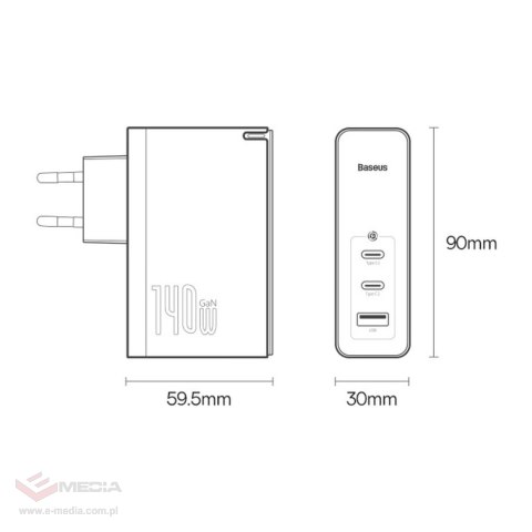 Baseus GaN5 Pro szybka ładowarka 2xUSB-C+USB 140W EU czarna (CCGP100201)