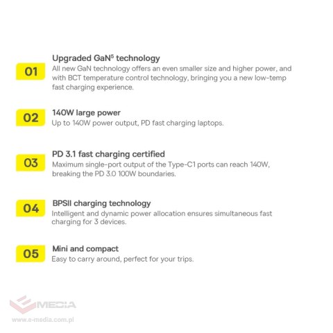 Baseus GaN5 Pro szybka ładowarka 2xUSB-C+USB 140W EU czarna (CCGP100201)