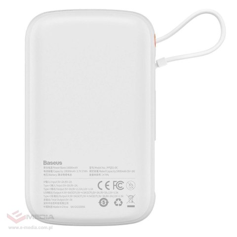 Baseus Qpow Digital Display powerbank z szybkim ładowaniem 10000mAh 22,5W QC/PD/SCP/FCP z wbudowanym kablem USB-C biały