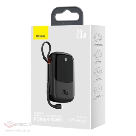 Baseus Qpow Digital Display powerbank z szybkim ładowaniem 20000mAh 20W QC/PD/SCP/FCP z wbudowanym kablem Lightning czarny