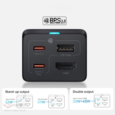 Ładowarka sieciowa GaN5 Baseus CCGP110201 HUB HDMI 2x USB-C / USB-A / HDMI 4K 30Hz 1,5m - czarna + kabel USB-C - USB-C 100W 1m