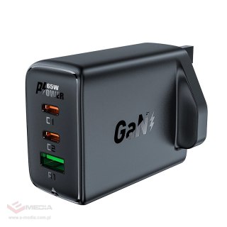 Acefast ładowarka GaN 65W 3 porty (1xUSB, 2xUSB C PD) wtyczka UK czarna (A44)