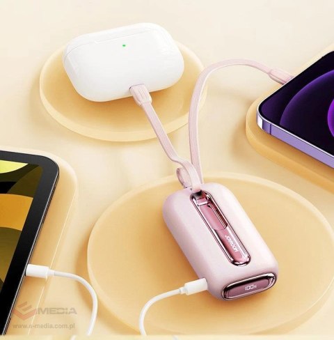 Joyroom mini powerbank 10000mAh Colorful Series 22.5W z 2 wbudowanymi kablami USB C i Lightning różowy (JR-L012)