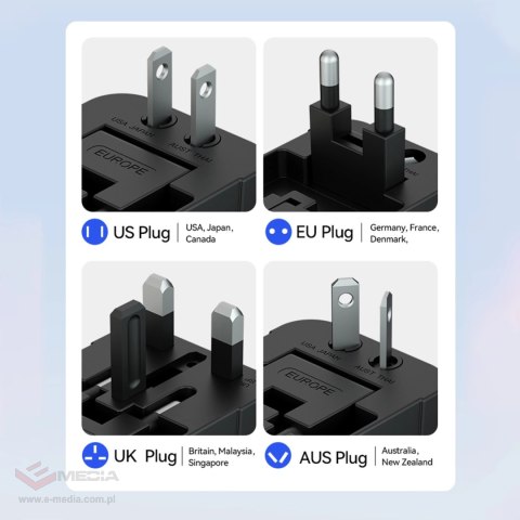 Adapter podróżny Wozinsky WUTWC uniwersalny 24W UE / US / AUS / UK / 2x USB-A - czarny