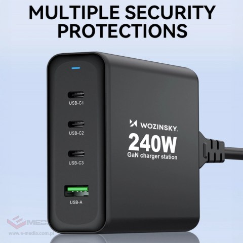 Ładowarka sieciowa GaN Wozinsky WGCSB 240W USB-A / 3 x USB-C - czarna