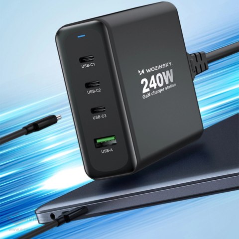 Ładowarka sieciowa GaN Wozinsky WGCSB 240W USB-A / 3 x USB-C - czarna