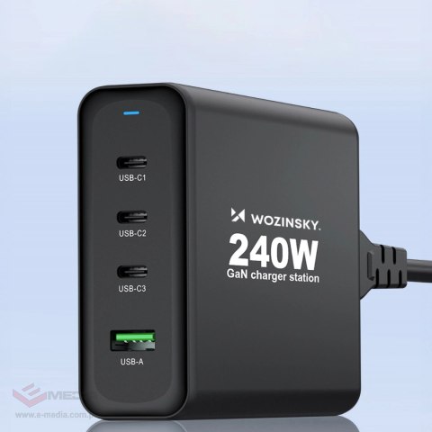 Ładowarka sieciowa GaN Wozinsky WGCSB 240W USB-A / 3 x USB-C - czarna