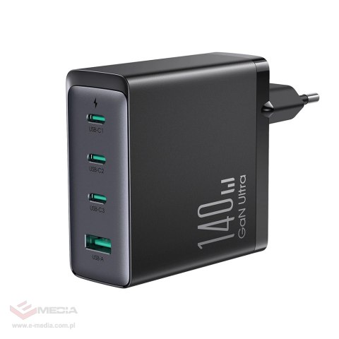 Szybka ładowarka sieciowa GaN 140W 3 x USB-C / USB-A Joyroom JR-TCG05EU - czarna + kabel USB-C - USB-C 240W 1.2m