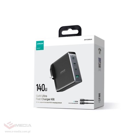 Szybka ładowarka sieciowa GaN 140W 3 x USB-C / USB-A Joyroom JR-TCG05EU - czarna + kabel USB-C - USB-C 240W 1.2m