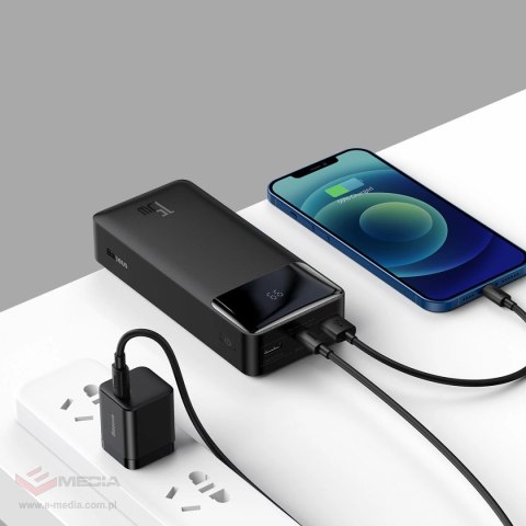 Zestaw powerbank 30000mAh 15W Baseus Bipow - czarny + kabel USB 4w1 microUSB / Lightning / 2 x USB-C - USB-A 1.2m - czarny