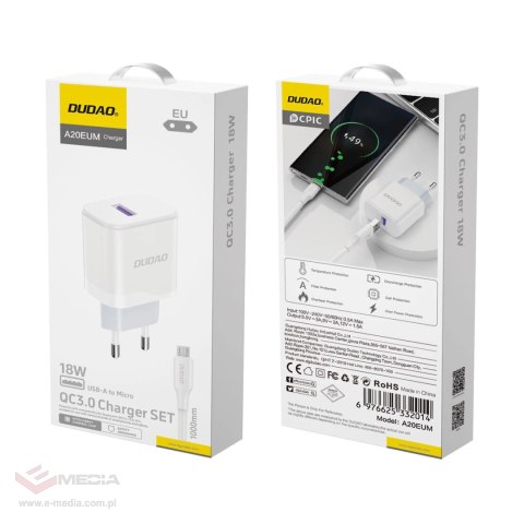 Ładowarka Dudao A20EU sieciowa USB-A 18W - biała + kabel USB-A - micro USB