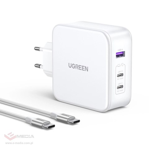 Ładowarka sieciowa GaN Ugreen Nexode CD289 USB-A/2xUSB-C 140W + kabel USB-C - USB-C 1.5m - biała