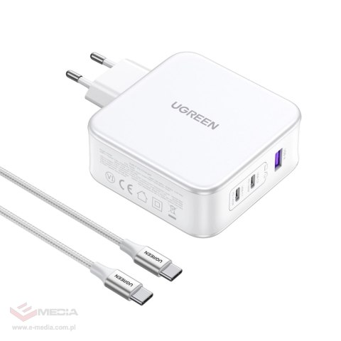 Ładowarka sieciowa GaN Ugreen Nexode CD289 USB-A/2xUSB-C 140W + kabel USB-C - USB-C 1.5m - biała