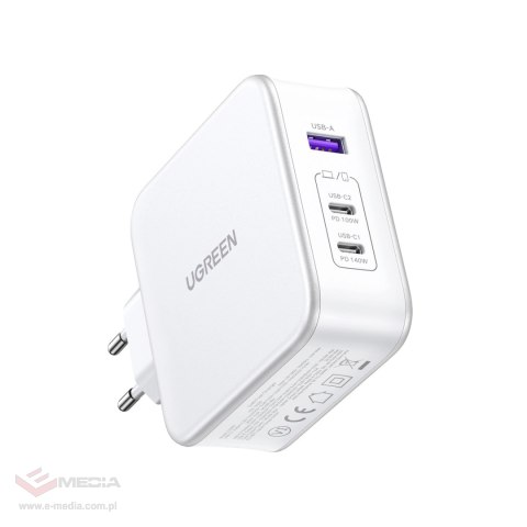 Ładowarka sieciowa GaN Ugreen Nexode CD289 USB-A/2xUSB-C 140W + kabel USB-C - USB-C 1.5m - biała