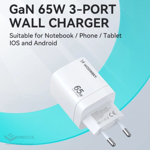 Ładowarka sieciowa GaN Wozinsky CGWCW 65W USB-A / 2 x USB-C - biała