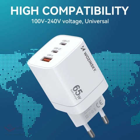 Ładowarka sieciowa GaN Wozinsky CGWCW 65W USB-A / 2 x USB-C - biała