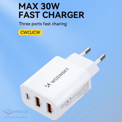 Ładowarka sieciowa Wozinsky CWCUCW 30W USB-C / 2 x USB-A - biała