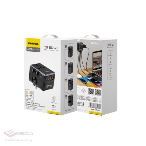 Adapter podróżny Dudao A35Pro 35W EU / UK / AUS / US / JP 3x USB-C 2x USB-A - czarny