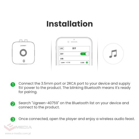Ugreen adapter odbiornik Bluetooth 5.1 aptX 2RCA / 3,5 mm mini jack czarny (40759)